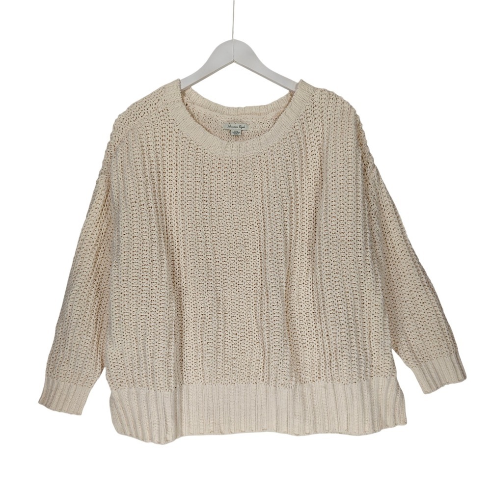 American Eagle Chenille Sweater Medium Cream Oversized Chunky Knit Pullover